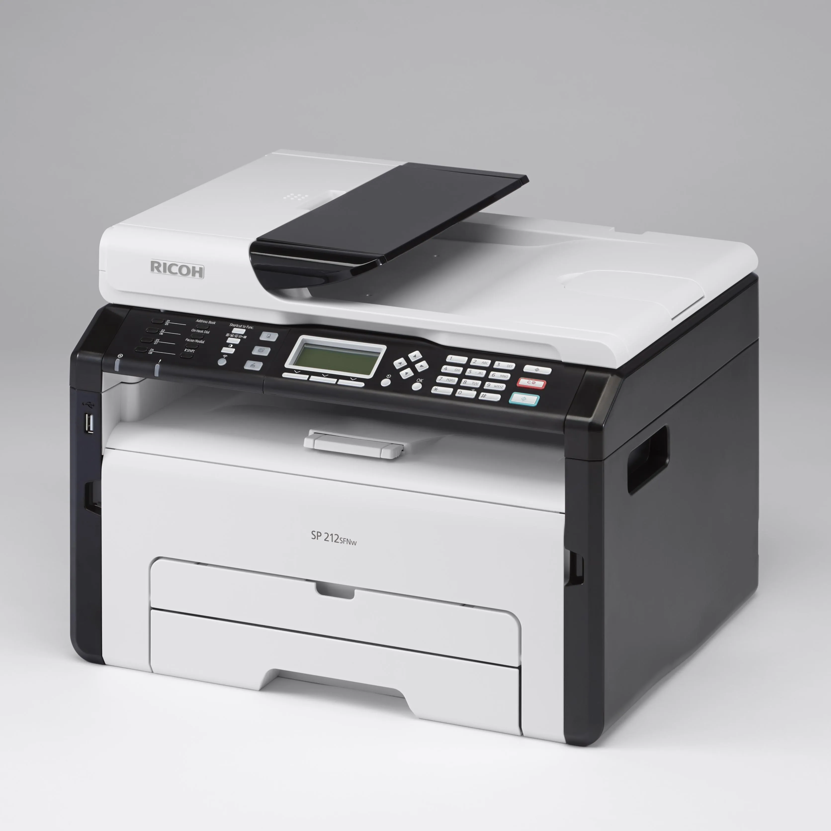 Cận cảnh máy in Ricoh SP 212SFNw nhìn từ phía trước, minh họa cách mở khay giấy