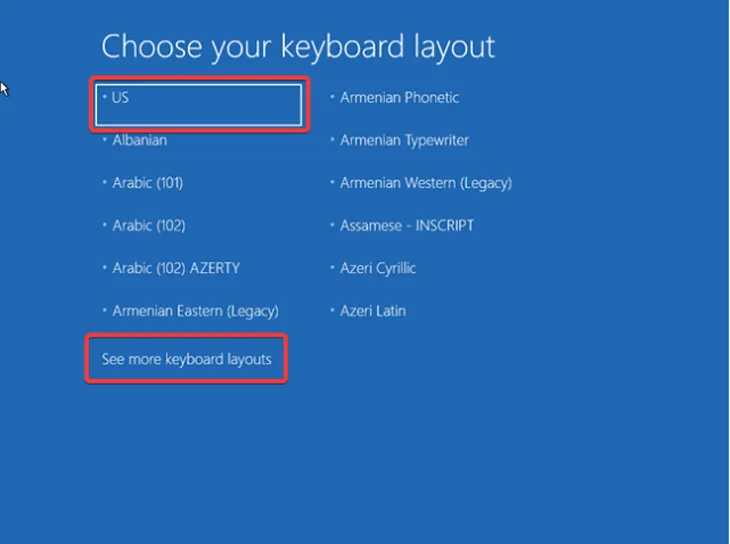 Chọn bố cục bàn phím sau khi khởi động từ USB phục hồi