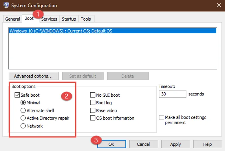 Chọn Safe boot và nhấn OK trong System Configuration