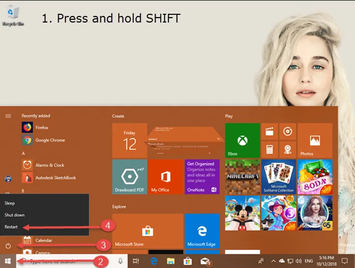 Chọn Restart từ menu Power trong Start để vào Safe Mode