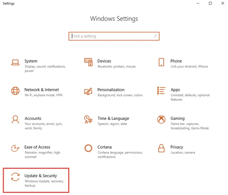 Vào Update &amp; Security trong Settings