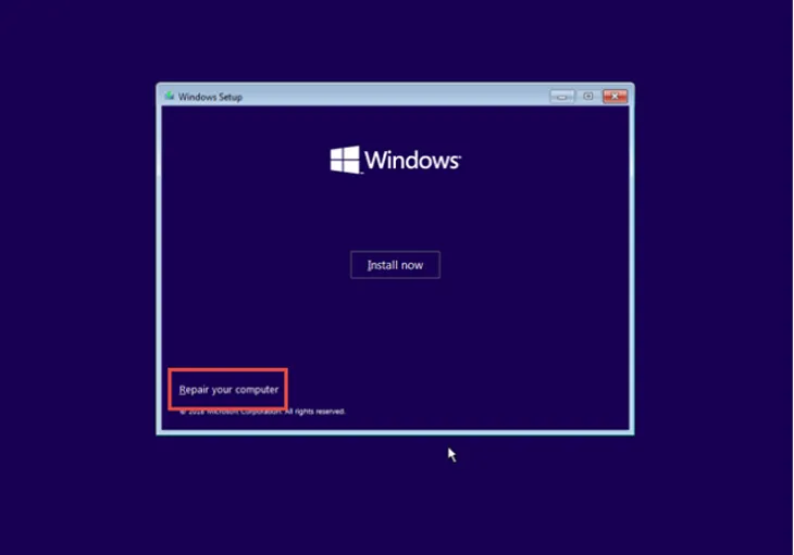Chọn Repair your computer để vào chế độ khắc phục sự cố