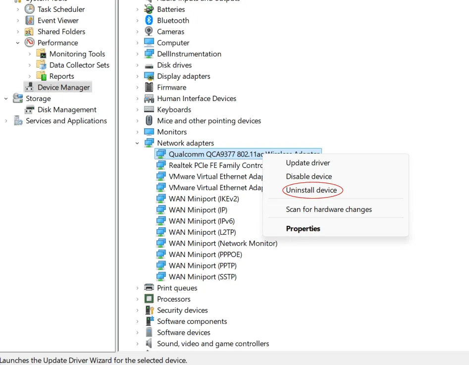 Gỡ cài đặt driver Wireless Network Adapter