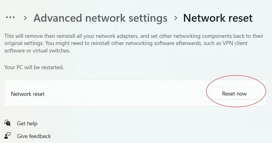 Tùy chọn Network reset trong cài đặt Windows
