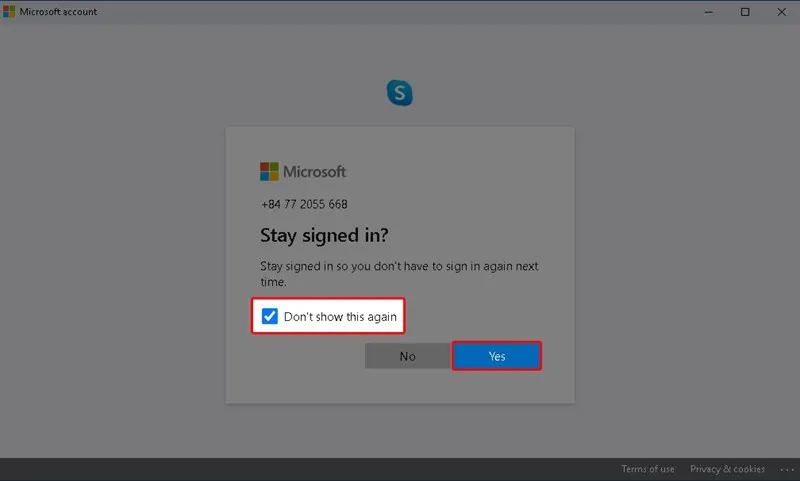 Tích chọn duy trì đăng nhập và nhấn Yes
