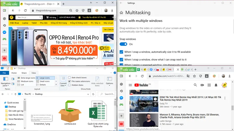 Màn hình hiển thị bốn cửa sổ ứng dụng được sắp xếp khoa học, thể hiện khả năng làm việc đa nhiệm tối ưu