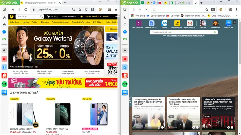 Màn hình máy tính hiển thị hai cửa sổ ứng dụng được chia đều, thể hiện kết quả của việc mở 2 màn hình