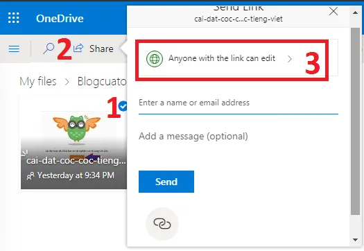 Cài Đặt Quyền Chia Sẻ Tệp Tin Trên OneDrive Qua Trình Duyệt Web Từ Máy Tính