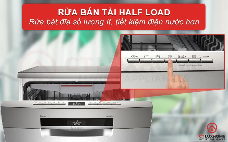 Nhấn nút hẹn giờ trên bảng điều khiển máy rửa bát Bosch