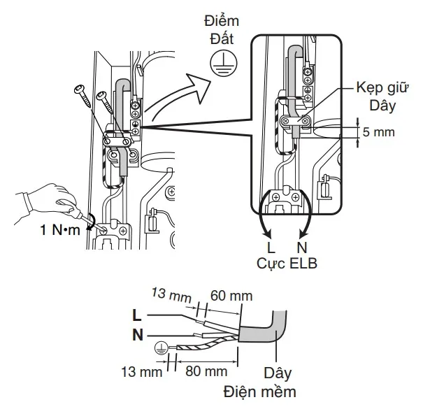 Chi tiết đấu nối dây nóng và dây mát (L, N) an toàn cho máy nước nóng Panasonic