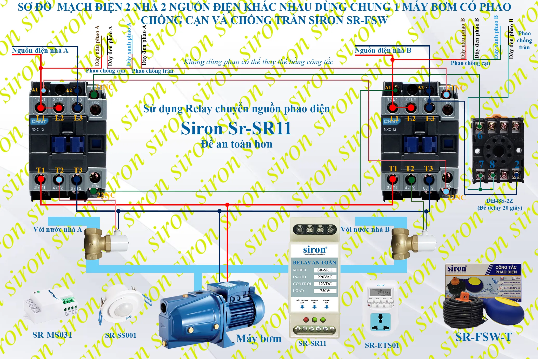 Sơ đồ cách lắp máy bơm nước tự động cho hai nhà dùng hai nguồn điện riêng biệt