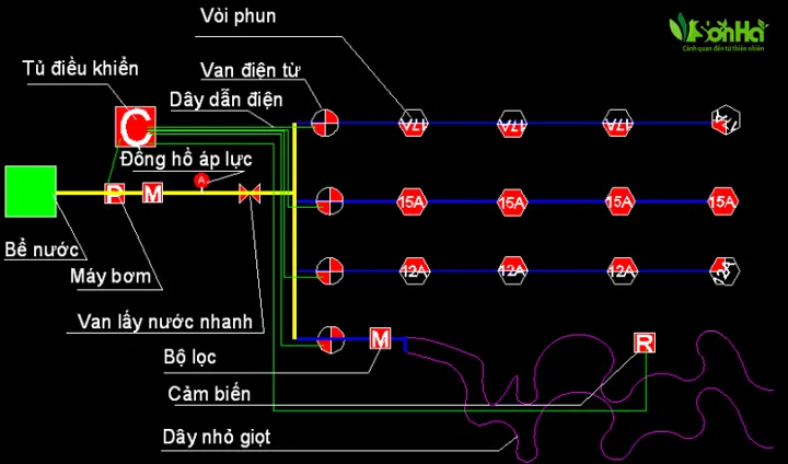 Sơ đồ lắp đặt hệ thống tưới cây tự động cho vườn cỏ chuyên nghiệp
