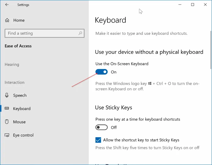 Sử dụng Settings để mở bàn phím ảo, truy cập máy tính trên PC Windows 10