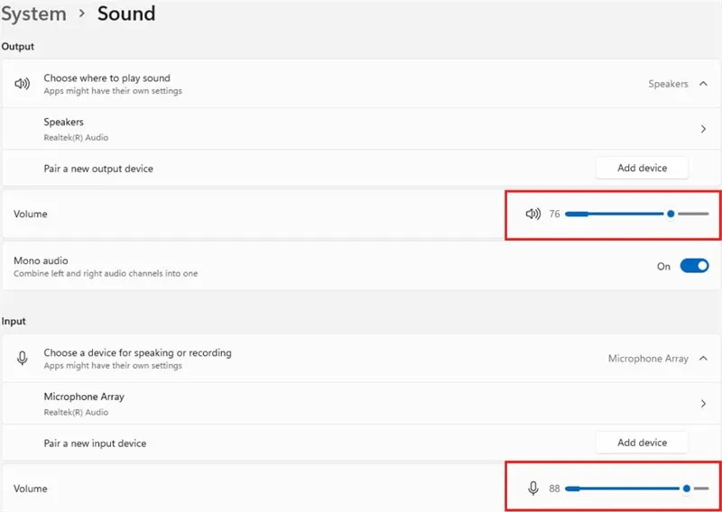 Điều chỉnh âm lượng đầu vào và đầu ra trong cài đặt âm thanh Windows