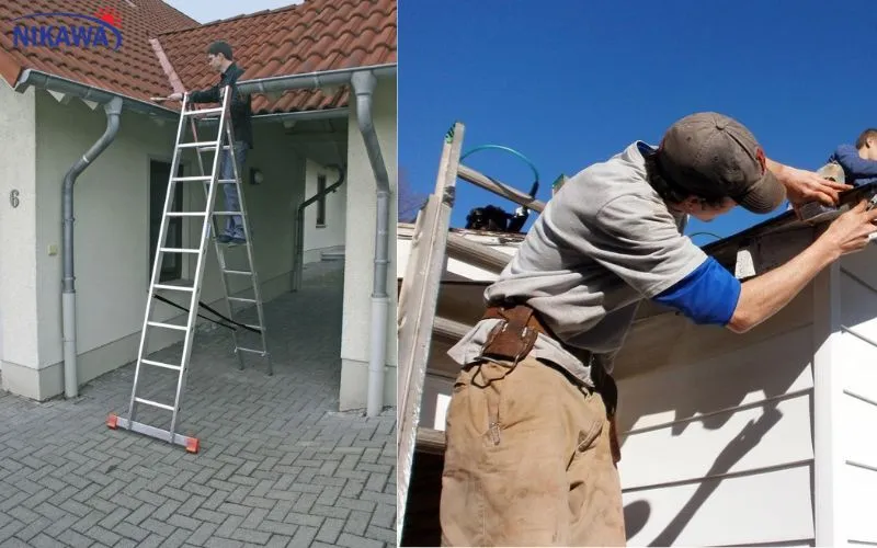 Thợ thi công dùng thang nhôm chữ A vững chắc để sửa mái nhà dột, đảm bảo ổn định và an toàn lao động