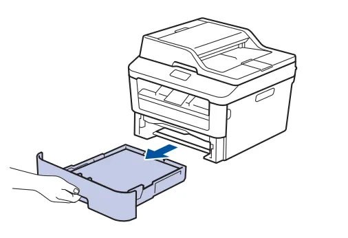 Kéo khay giấy ra khỏi máy in Brother 2701dw để kiểm tra kẹt giấy hai mặt