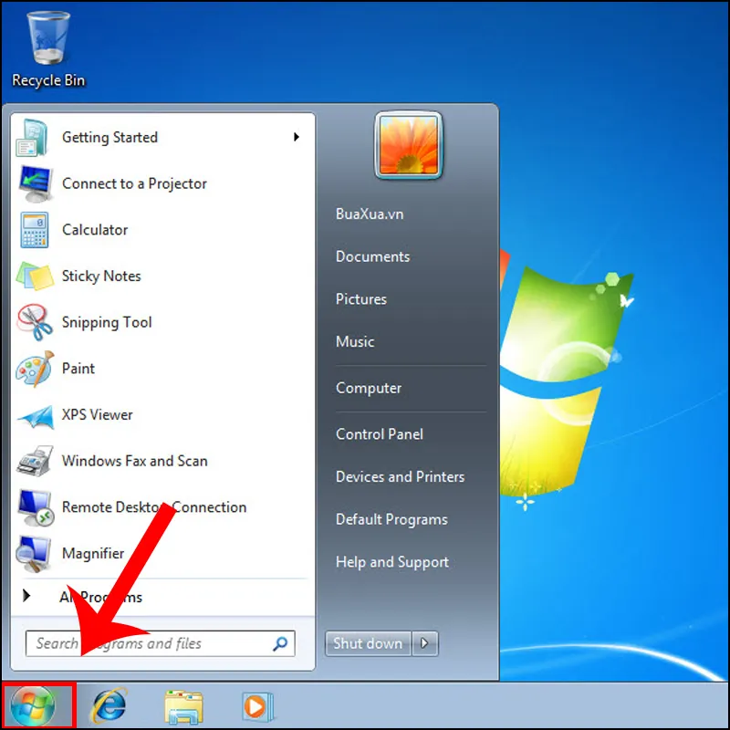 Nút Start trên Windows 7 để mở ứng dụng Máy tính