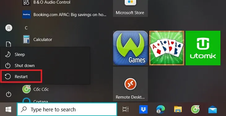 Chọn Restart để khởi động lại máy tính