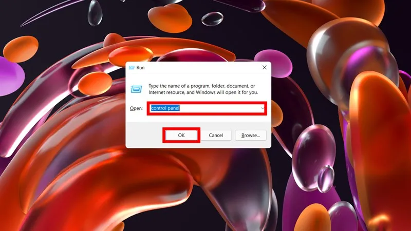 Giao diện hộp thoại Run để mở Control Panel, một bước quan trọng trong cách sử dụng máy tính không cần chuột bằng Mouse Keys