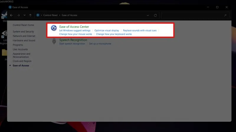 Chọn Ease of Access Center để tùy chỉnh các tùy chọn hỗ trợ, một phần của cách sử dụng máy tính không cần chuột