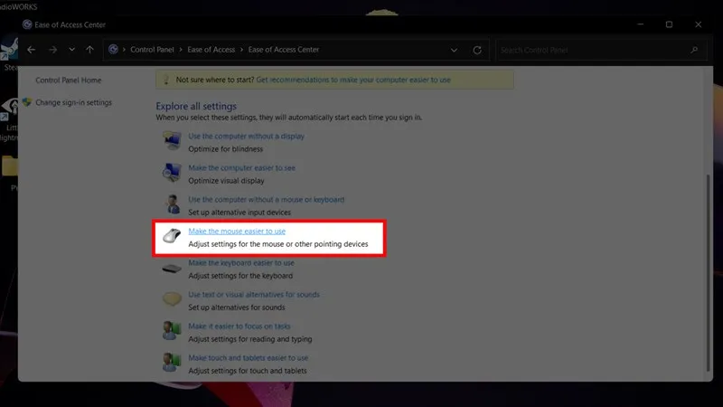 Mục Make the mouse easier to use trong cài đặt trợ năng, chuẩn bị kích hoạt chức năng chuột bằng bàn phím