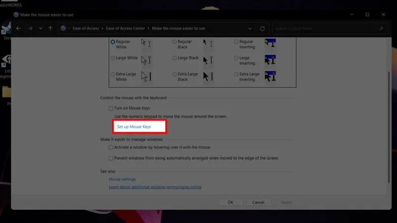 Cửa sổ tùy chọn Turn on Mouse Keys và Set up Mouse Keys, cung cấp cách sử dụng máy tính không cần chuột hiệu quả