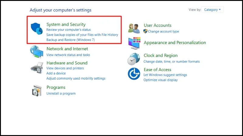 Bước chọn System and Security trong Control Panel của Windows