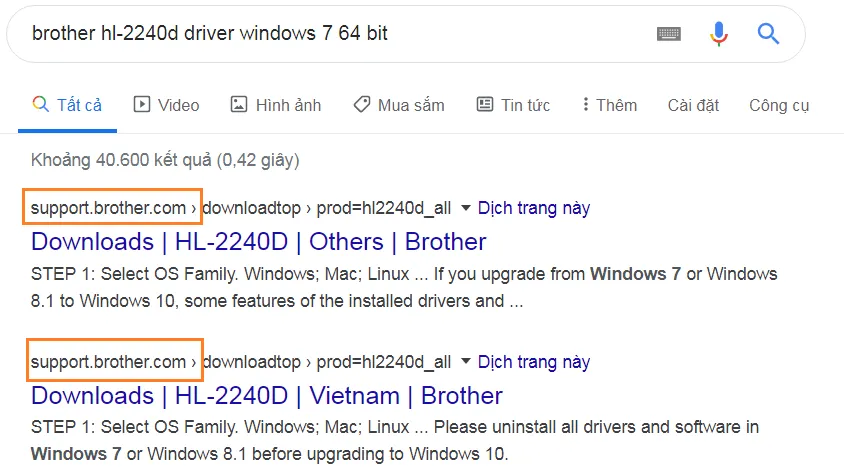 Tìm kiếm driver từ trang chủ máy in Brother