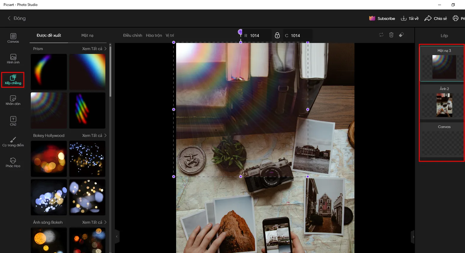 Áp dụng hiệu ứng Xếp chồng (Overlay) lấp lánh cho ảnh trong PicsArt, thể hiện sự đa dạng của cách sử dụng PicsArt trên máy tính.