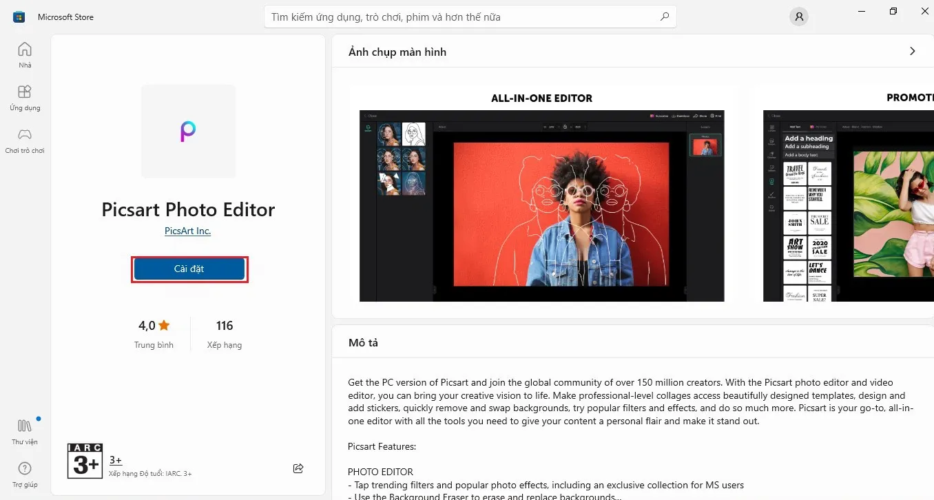 Nút cài đặt PicsArt trên Microsoft Store, một phần của quy trình cách sử dụng PicsArt trên máy tính.