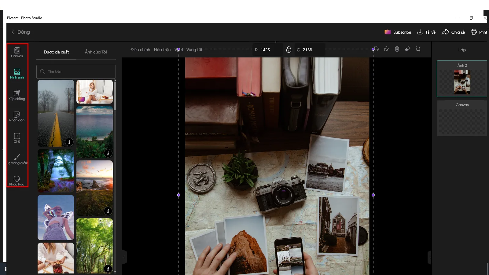 Thanh công cụ chỉnh sửa ảnh chi tiết trong giao diện PicsArt PC, hướng dẫn cách sử dụng PicsArt trên máy tính hiệu quả.