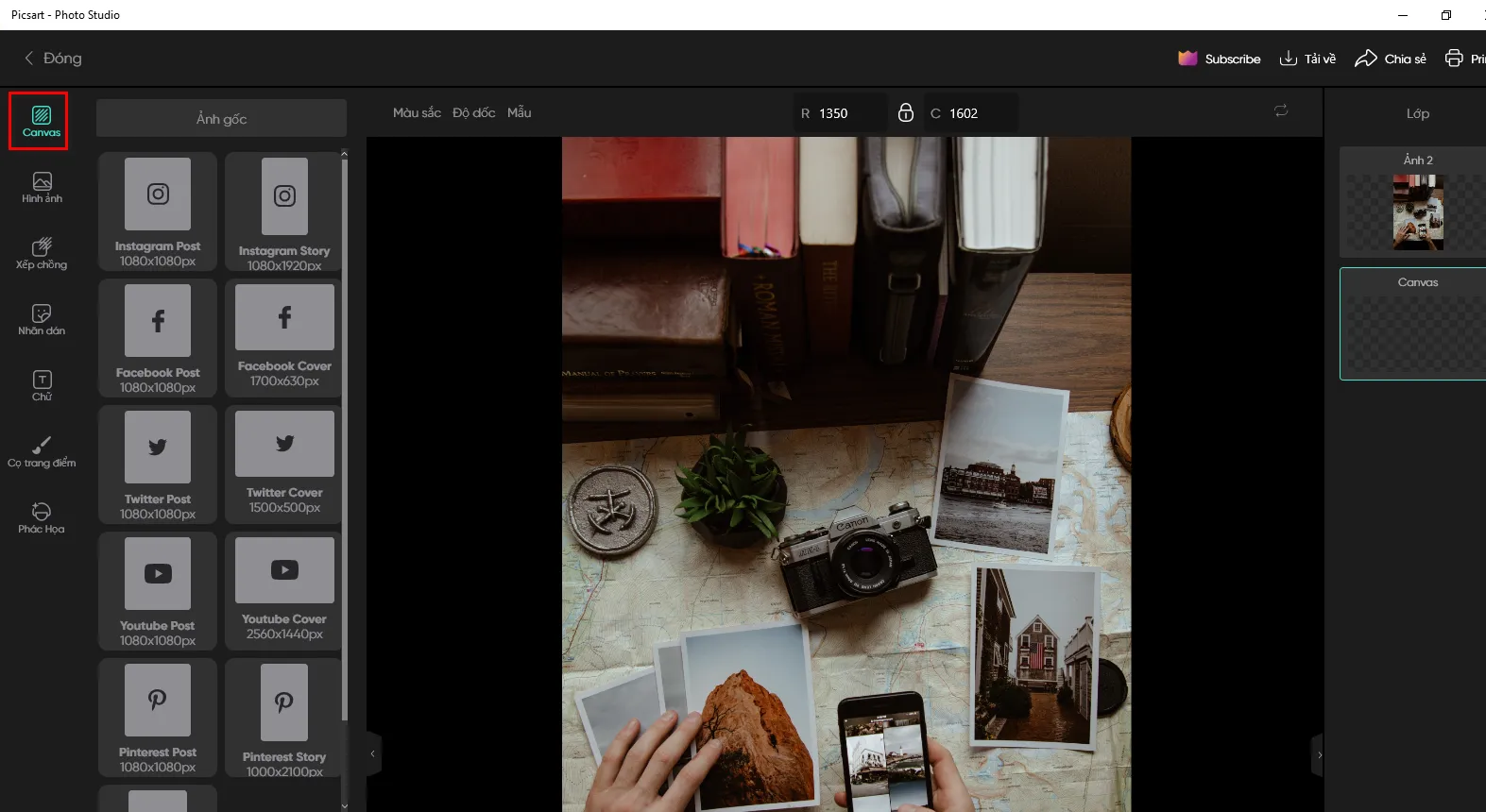 Tùy chọn điều chỉnh kích thước Canvas trong PicsArt, một khía cạnh quan trọng của cách sử dụng PicsArt trên máy tính.