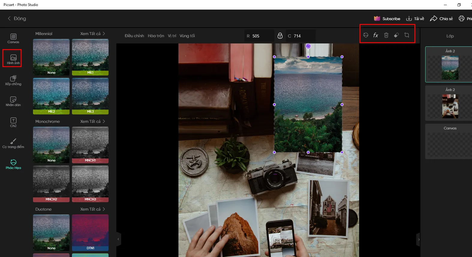 Thêm hình ảnh khác và áp dụng bộ lọc trong PicsArt PC, mở rộng cách sử dụng PicsArt trên máy tính.