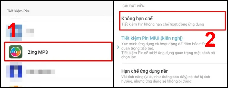Chọn &quot;Không hạn chế&quot; cho ứng dụng tiết kiệm pin