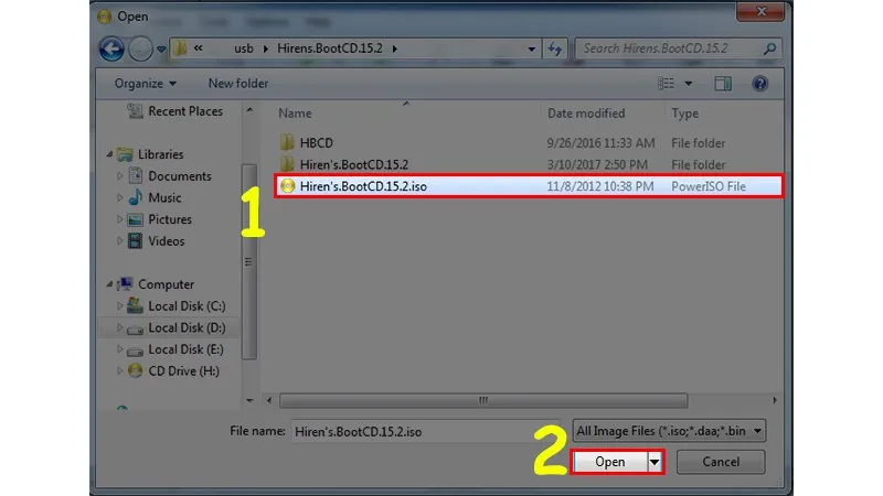 Giao diện PowerISO cho phép chọn file .ISO cần gắn vào ổ đĩa ảo, bắt đầu quá trình sử dụng máy tính ảo