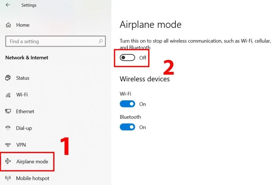 Tắt chế độ máy bay trong mục Network &amp; Internet