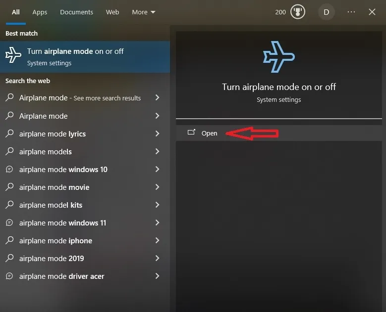 Tìm kiếm chế độ máy bay trong Start Menu