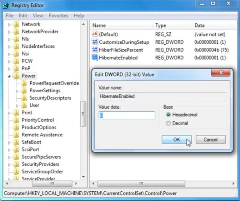 Chỉnh sửa giá trị HiberFileSizePercent và HibernateEnabled trong Registry Editor