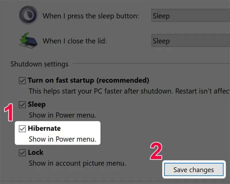 Tùy chọn Hibernate trong Shutdown settings khi cài đặt cách tắt chế độ ngủ ở máy tính