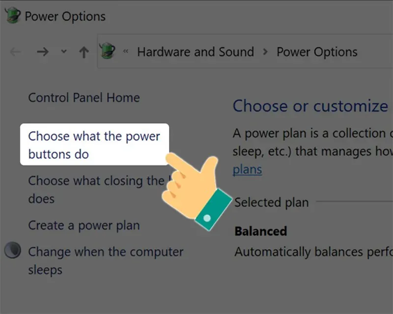 Chọn 'Choose what the power buttons do' để cài đặt chế độ ngủ đông