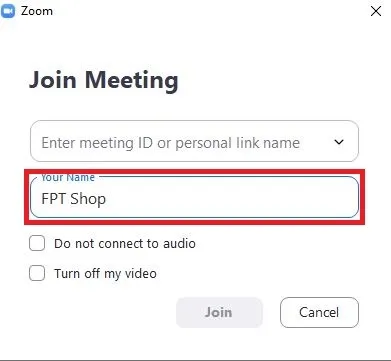 Màn hình nhập Meeting ID và tên hiển thị khi tham gia Zoom Meeting mà không cần tài khoản