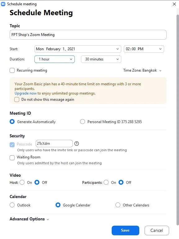 Thiết lập các tùy chọn cho cuộc họp Zoom đã lên lịch, bao gồm chủ đề, thời gian và mật khẩu