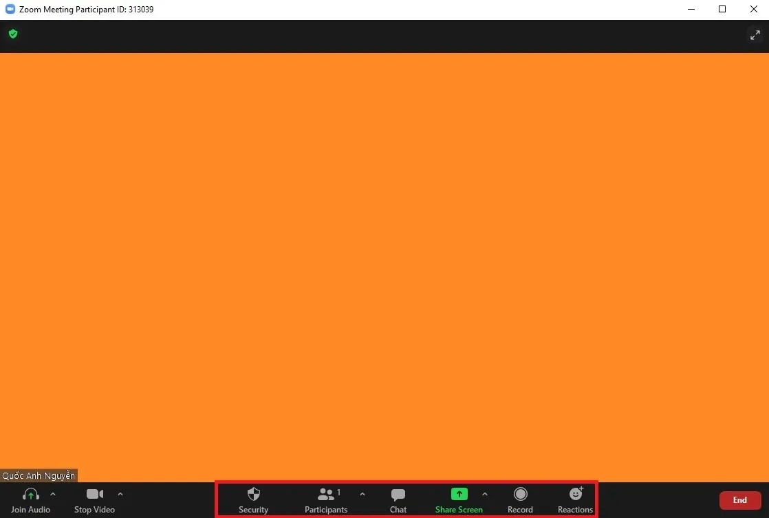 Giao diện điều khiển trong cuộc họp Zoom Meeting, hiển thị các tùy chọn như Mute, Share Screen, Chat