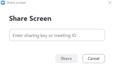 Màn hình nhập Sharing Key hoặc Meeting ID để bắt đầu chia sẻ màn hình Zoom
