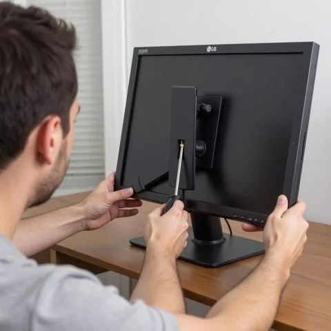 Màn hình LG đã được ngắt kết nối dây cáp, chuẩn bị cho quá trình thực hiện cách tháo chân đế màn hình LG một cách an toàn.