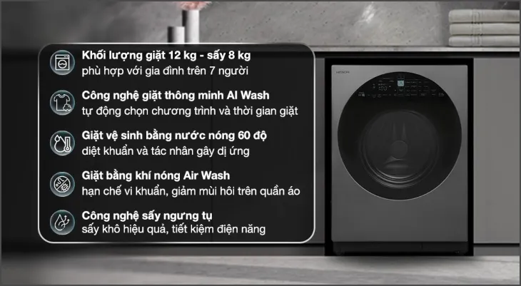 Máy giặt sấy Hitachi Inverter BD-D120XGV MAG với công nghệ sấy ngưng tụ, thể hiện cam kết tiết kiệm năng lượng và thân thiện với môi trường.