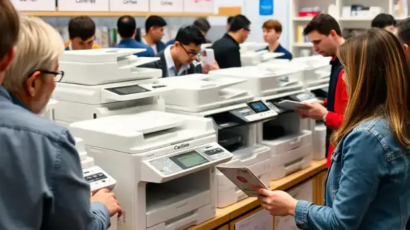 Hình ảnh một người đang nghiên cứu các tiêu chí để chọn mua máy photo mini