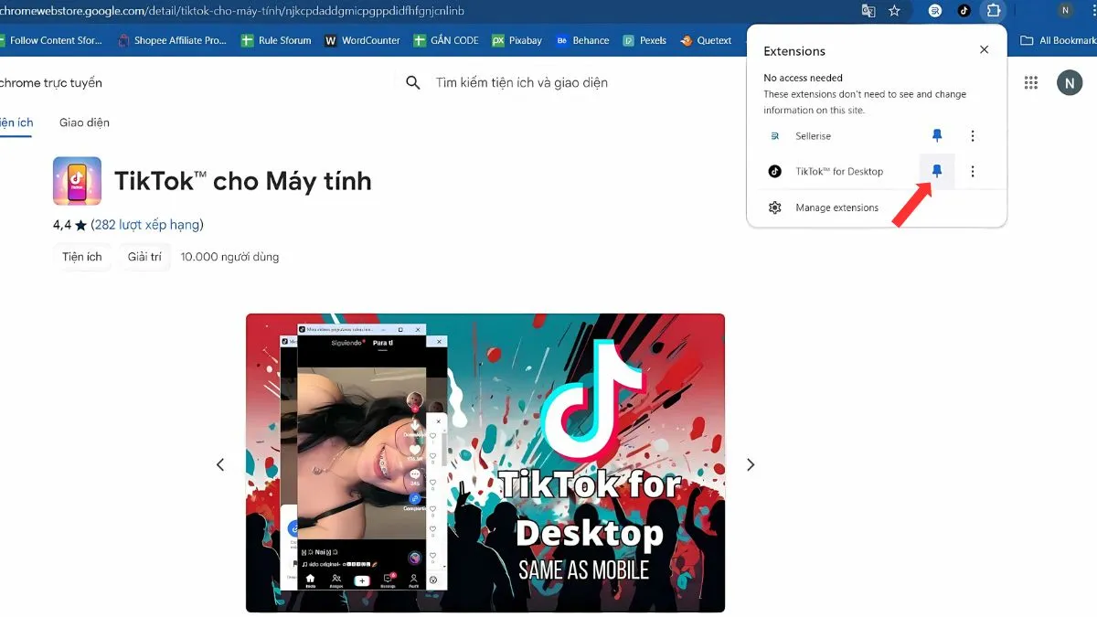 Ghim tiện ích TikTok vào trình duyệt để dễ dàng truy cập sau khi tải TikTok trên máy tính