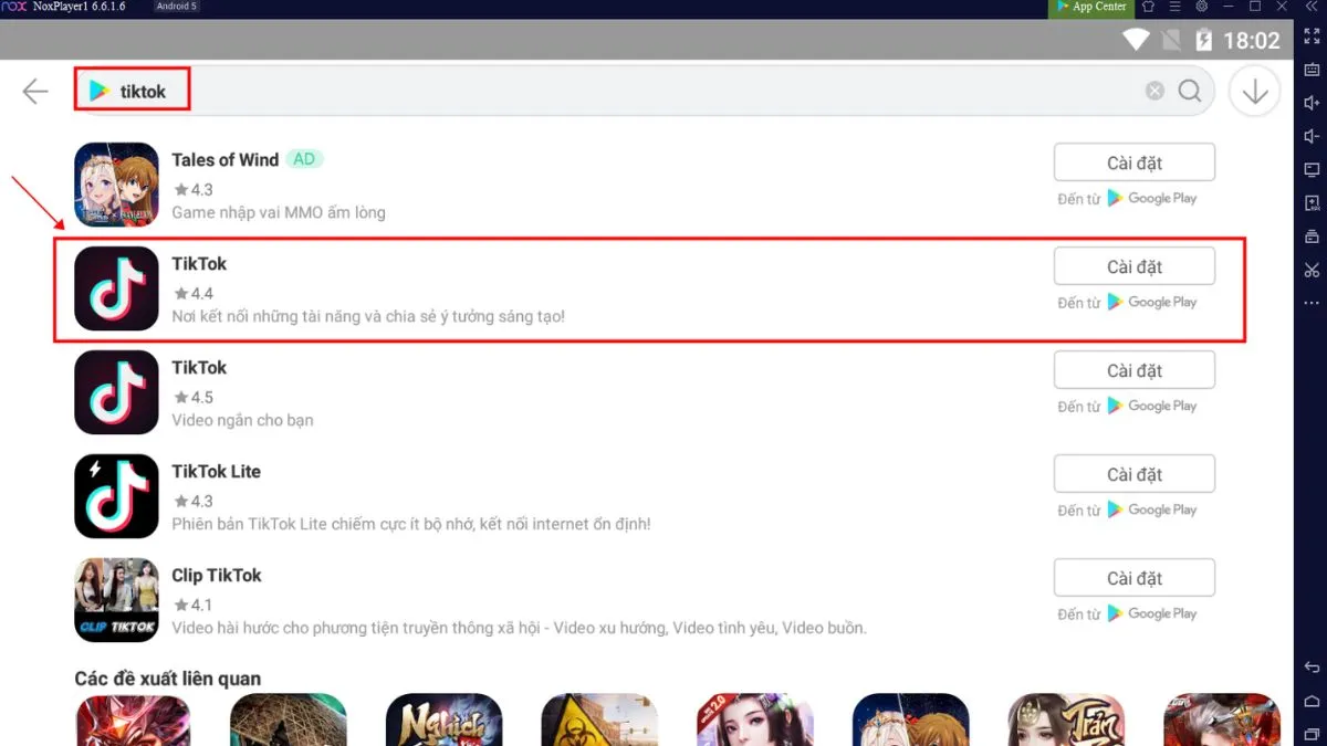 Chọn ứng dụng TikTok và bấm 'Cài đặt' để tải xuống qua giả lập, hoàn thiện cách tải TikTok trên máy tính và mở