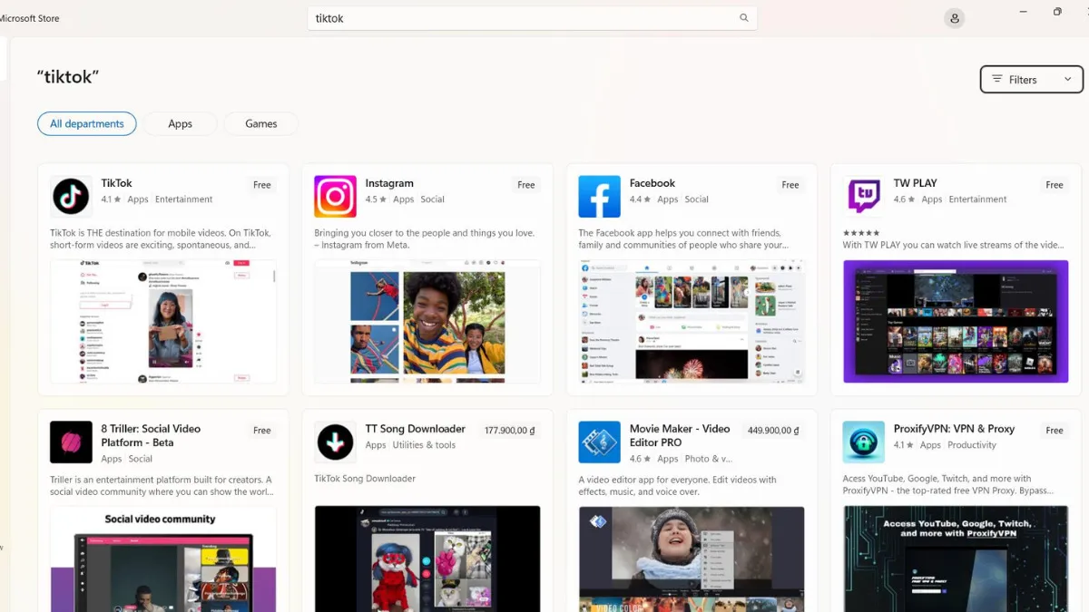 Tìm kiếm từ khóa 'TikTok' trong thanh tìm kiếm của Microsoft Store để tải TikTok trên máy tính